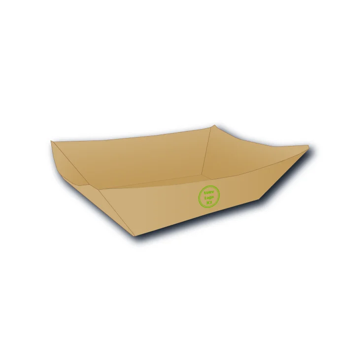Barquette kraft remplie de frites, avec impression personnalisée pour fast food.
